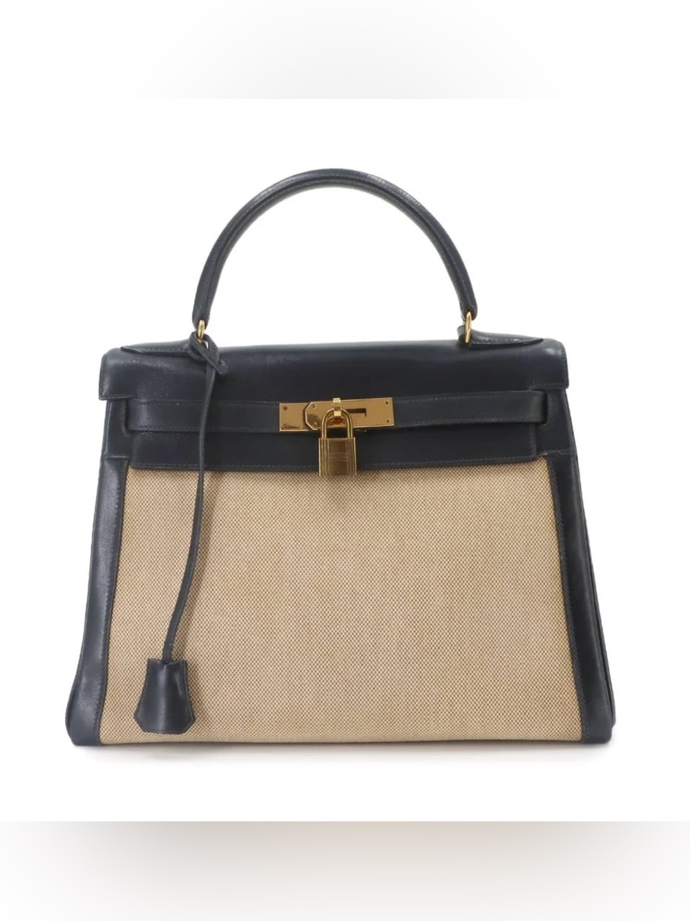 Authentic HERMES KELLY 28 vintage 1985 toile navy leather bag
